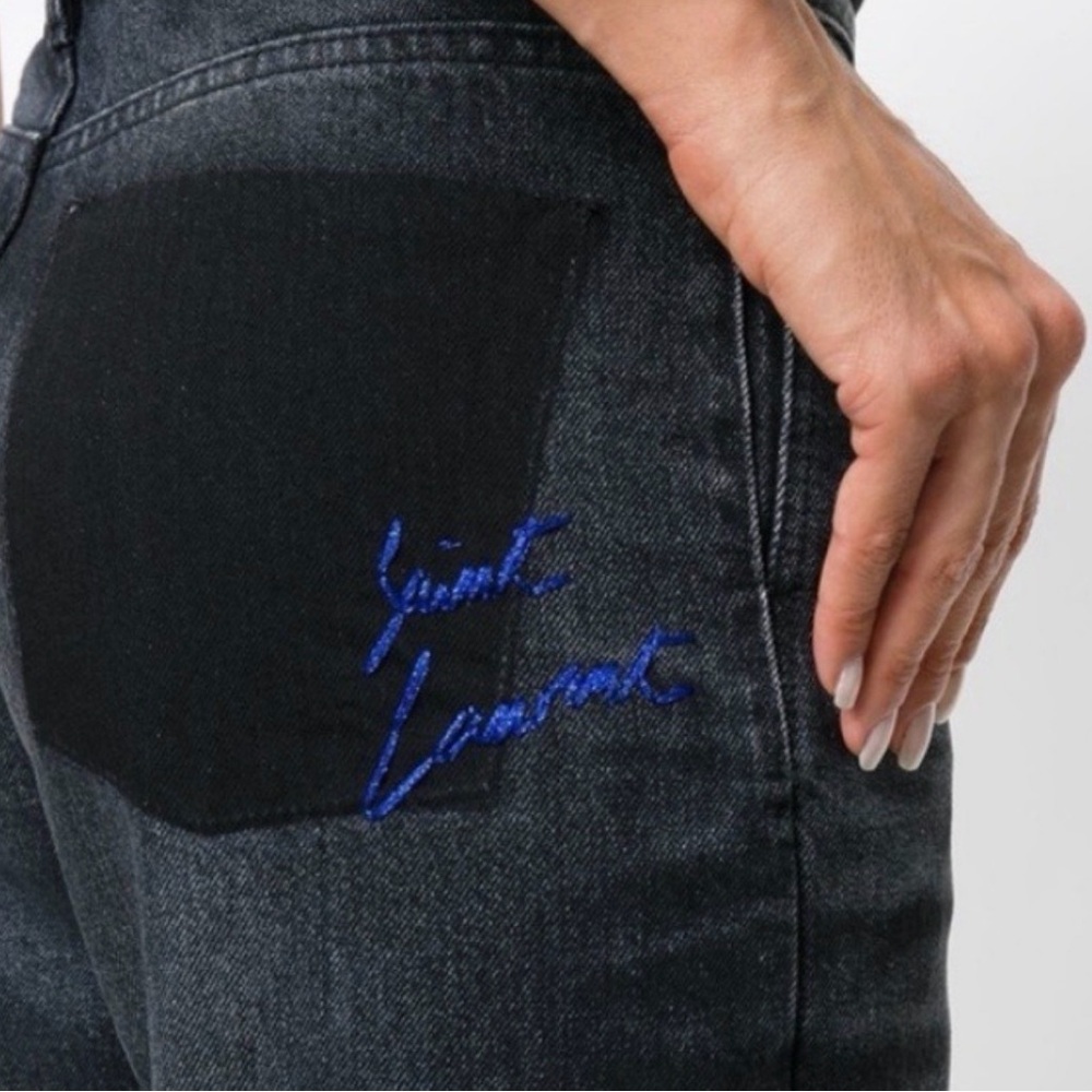 Saint Laurent Charcoal Skinny Jeans with Blue Embroidery